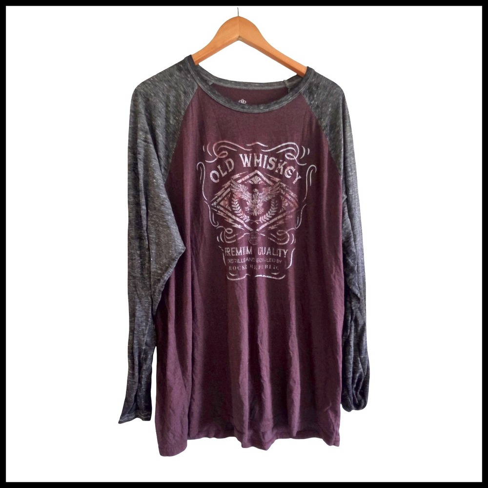 Rock & Republic Mens XXL Old Whiskey Graphic Raglan Long Sleeve Iconic Tee Shirt
